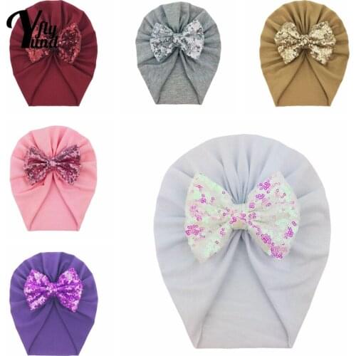 Yundfly 4.5 Inches Glitter Sequins Bows Baby Turban Hat Soft Comfortale Knitted Cotton Infant Cap Warm Kids Headwear Photo Props