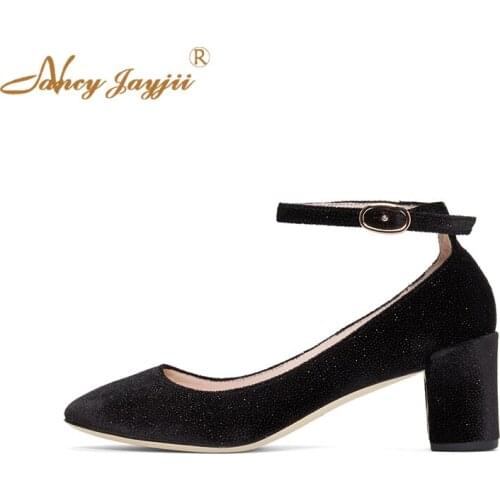 Black Spring Square Heel Sequined Cloth Pointed Toe Work Ladies Buckle Strap Classics Bling Shoes Woman Leisure