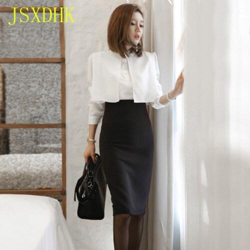 JSXDHK Business Autumn Women 2 Piece Set 2018 Fashion Formal White Long Sleeve Blouse Top + Black Pencil OL Skirt Set