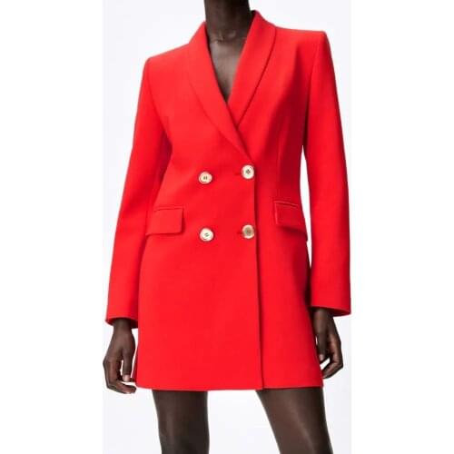 Women 2021 Fashion red Long section Double Breasted Blazer Coat Vintage Long Sleeve Pockets Female Outerwear Chic