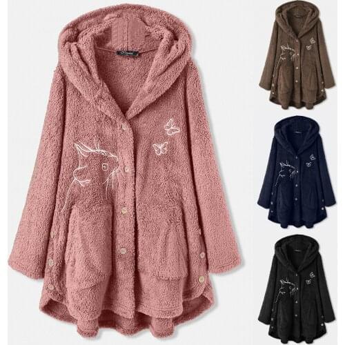 Plus Size Fashion Embroidery Cats Warm Coat Casual Ladies Plush Buttons Jacket Coat Streetwear Female Winter Womens Outerwear