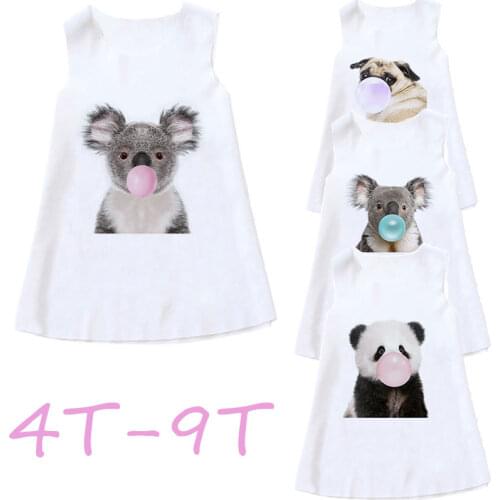2021 Sleeveless Birthday Dresses Summer Girls Dress Koala Panda Blowing Bubbles Print Kids Dresses Baby Girl Dress Party Clothes