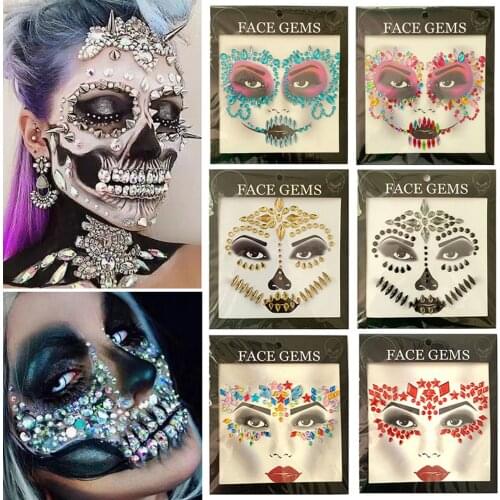 Halloween Face Stickers Ghost Skull Face with Diamond Decoration 3D Sexy Face Sticker Prom Holiday Party Face Sticker Decoration