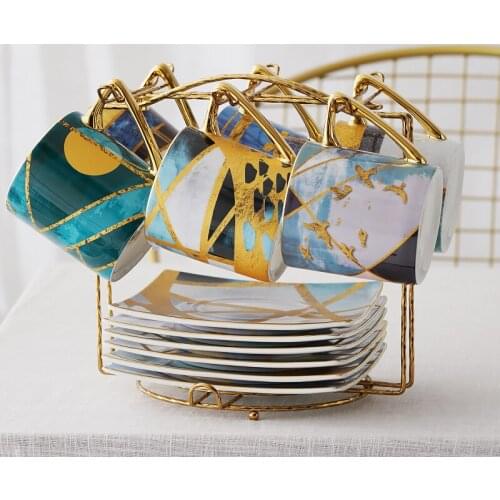 6pcs Geometric Art Luxury Bone China Coffee Cup and Saucer Set with Shelf British High-grade Ceramic Afternoon Tea Flower Teacup