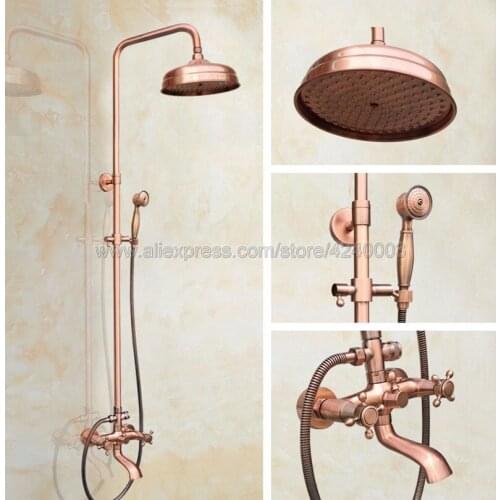 Antique Red Copper Bathroom Rainfall Shower Faucet Set Bathtub Mixer Tap With Hand Sprayer Wall Mounted Bath Shower Sets Krg511
