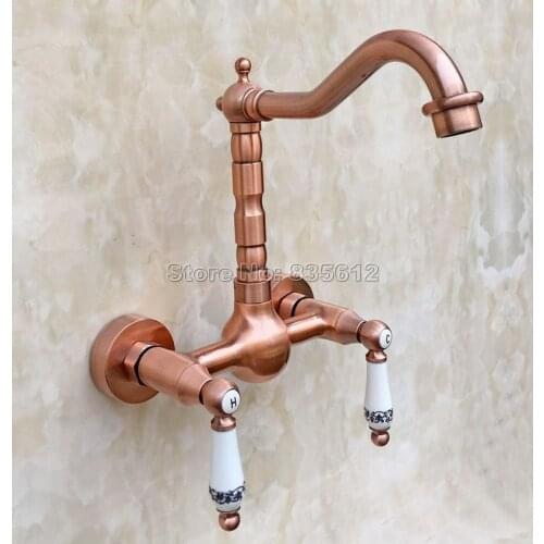 Antique Red Copper Wall Mounted Swivel Spout Basin Sink Faucet / Dual Ceramic Handles Kitchen & Bathroom Mixer Taps Wrg032