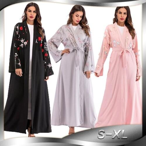 BianFeng Womens Muslim 3-D Flower Print Abaya Mesh Lace Cardigan Robe Long Sleeve Loose Fit Robe Color Black