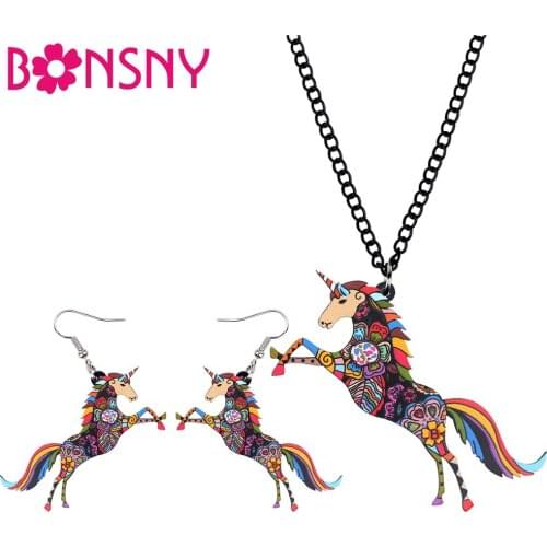 Bonsny Acrylic Jewelry Set Colorful Magic Unicorn Necklace Earrings Fashion Animal Pendant For Women Girl Gift Decoration NE+EA