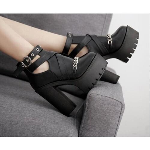 New sexy High heels Fashion Ankle Boots For Women High Heels Casual Cut-outs Buckle Round Toe Chain Thick Heels Platform Shoes