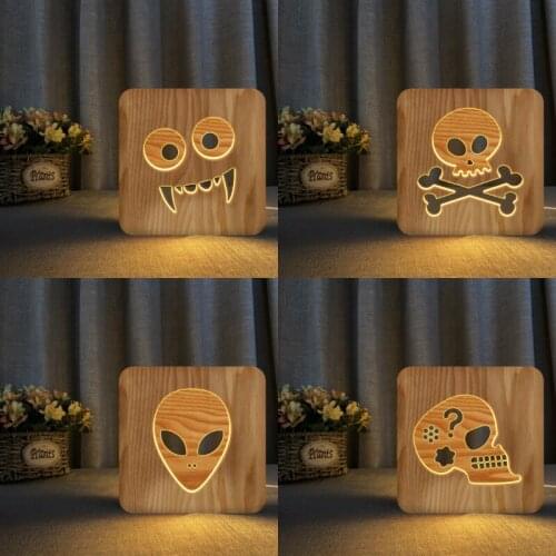 Halloween Skull Aliens 3D LED Wooden Night Light Hollow Table Lamp USB Power Desk Lights For Baby Kids New Year Gift Dropship