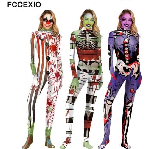 FCCEXIO Scary Halloween 3D Print Sexy Bodysuits Women Plus Size Long Sleeve Cosplay New Halloween Party Tight Sox Jumpsuits