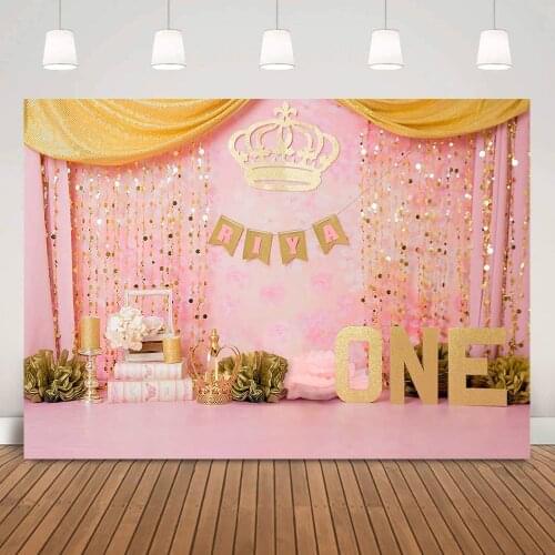 Girl One Birthday Cake Smash Backdrop for Photo Studio Pink Newborn Royal Princess Portrait Background Gold Crown Curtain