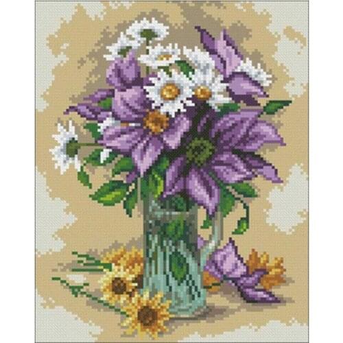 Purple clematis and white daisies patterns Counted Cross Stitch 11CT 14CT 18CT DIY Cross Stitch Kits Embroidery Needlework Sets