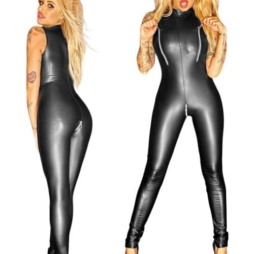 Plus Size PU Faux Leather Gothic Bare Chest Motorcycle Hot Sexy Jumpsuit Zipper Open Crotch Bodysuit Sleeveless Catsuit Clubwear
