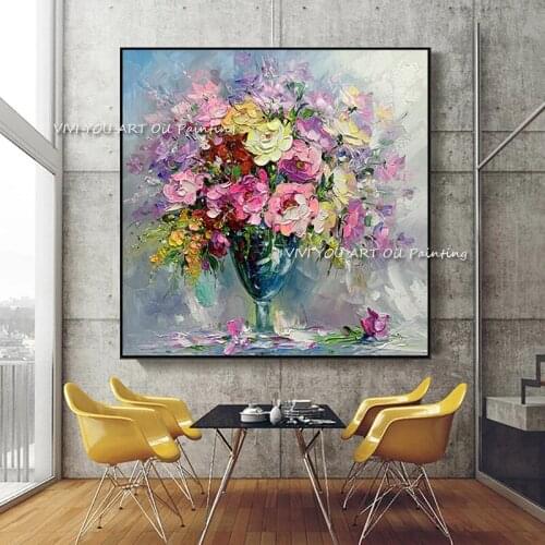 The Colorful Flower in Vase Handmade Abstract Art Oil Painting On Canvas Modern Nature Plant Painting For Home Decor Tulip Art