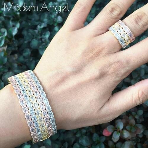 ModemAngel luxury Unique African Bangle Ring Set Jewelry Sets For Women Wedding Cubic Zircon Crystal CZ Dubai Bridal Jewelry Set