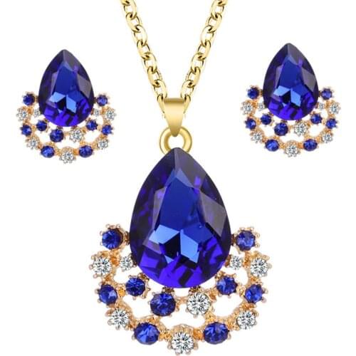 Fashion Luxury Faux Gem Simple Crystal Gem Drop Pendant Necklace Earrings Party Jewelry Set