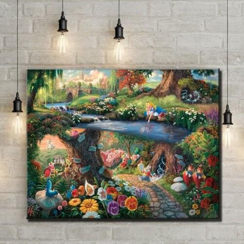 Cartoon cute elf animal forest river girl landscape oil painting canvas printings printed on canvas kids room decoration picture