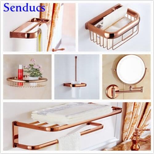 Bathroom Hardware Set Senducs Rose Gold Bathroom Hardware Set Quality Brass Towel Rack Inwall Toilet Brusher Brass Bath Mirror