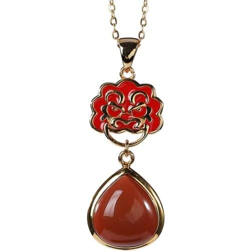 S925 sterling silver gold-plated cloisonne southern red agate pendant vintage God Beast drop-shaped ladies pendant