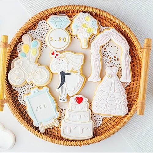 Bride Groom Wedding Cake Cookie Press Stamp Embosser Acrylic Wedding Dress Fondant Sugar Craft Embossed Mold Cake DecorationTool