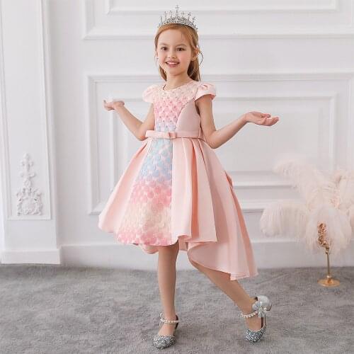 Girl Formal Fluffy Tutu Long Tail Knot-bow Dress Birthday Dress Kid Clothes Embroidery Princess Dresses Party Ball Gown