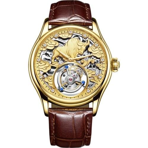 SEAKOSS Fashion Real Skeleton Tourbillon Mechanical Mens Watch Diamond Zodiac Bull Clock Luxury Business Leather Watch Men 2021