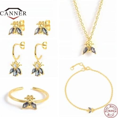 CANNER Exquisite Cute Real 925 Sterling Silver Bee Charm Stud Earrings for Women Piercing Earings Chain Ring Fine Jewelry Set