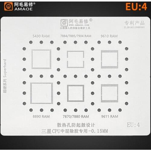 AMAOE EU4 BGA Reballing Stencil For Samsung Exynos 5430 7884 7885 7904 9610 8890 7870 7880 9611 RAM CPU Steel Mesh Repair Tools