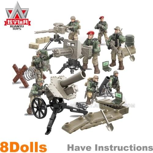 Military Soldiers Call Of Duty Humvee Mortar Gatling Machine Gun 8 Dolls Set Action Figure Army Fit WW2 Mega MiniFigures