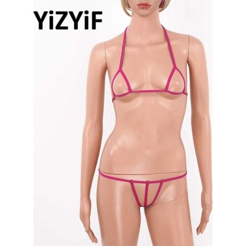 2Pcs Womens Erotic Micro Bikini Lingerie Set Hollow Out Halter Neck Self-tie Bra Top with G-String Briefs Underwear Bathing Suit