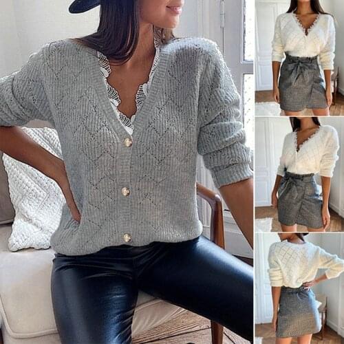 WomenS Fashion V-Neck Lace Casual All-Match Knitted Long-Sleeved Sweater