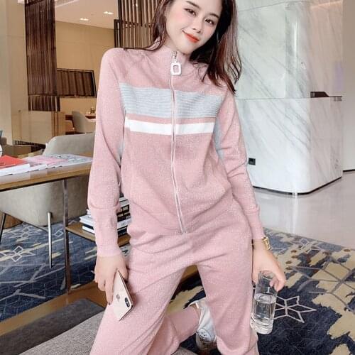 Slim Stripe Patchwork 2 Piece Tracksuit Women Zipper Cardigan And Ankle Banded Sweatpants Fashion Bright Silk Mix Knitted Sets