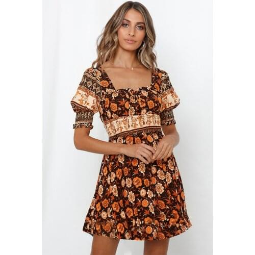 2020 Ladies Long Flowered Dress Empiret Lantern Sleeve Square Collar Backless Dresses Floral Printing Short Sleeve Female Dress