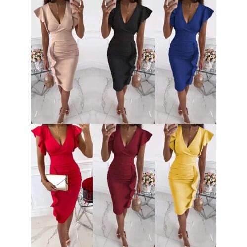 2021 new style OL temperament V-neck slim waist pleated ruffled hip dress dress