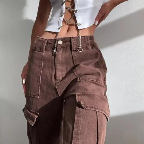 2021 New Jeans Womens Pants European and American Style Retro Brown Pocket High Waist Straight Womens Casual fashion Pants