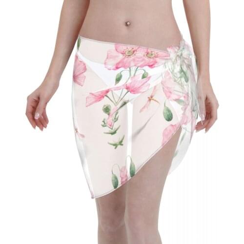 2021 Women Swimwear Pareo Scarf Bikini Cover-Ups Wrap Kaftan Sarong Beach Sexy Skirts Pink Flowers And Leaves Swimsuit Cover-Ups