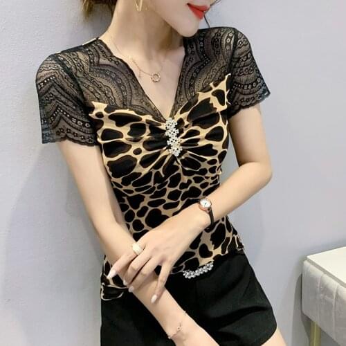#6130 Black Leopard T Shirt Women Summer Mesh Tops Sexy Hollow Out Spliced Lace Womens Tee Shirts Casual T Shirt For Girl V Neck