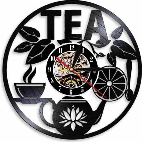 Time For Afternoon Tea Gramophone Tea Pot Vinyl Record Wall Clock Drink Tea Illuminated Wall Art Watch Non-Ticking Home Decor