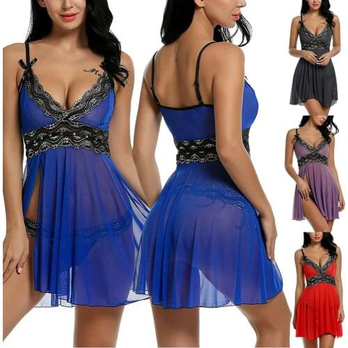 Women Nightgown Sleepwear Sleevless Lace Sexy Babydoll Female Nightdress + Thong Thong G-string Homewear Lingerie Porno Medieval