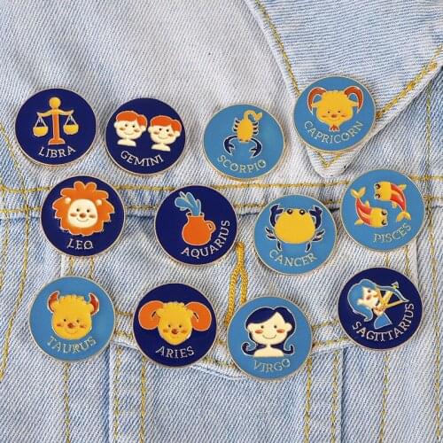 HOSENG 12Pcs/Lot Cartoon Blue Constellation Brooch Gemini Sagittarius Science Museum Gift For Children Alloy Enamel Pin HS_451