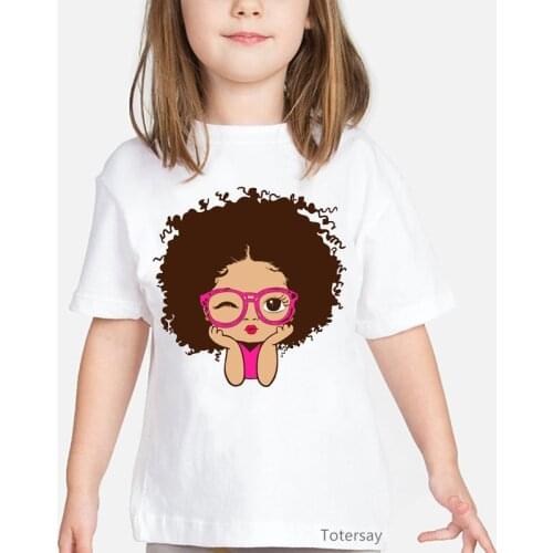 Vogue African Black Girls Cartoon Print T Shirt Girls Summer Tops Fashion White T-shirt Kawaii Kids Clothes Harujuku Funny