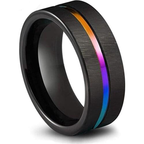 Fashion 8mm Black Stainless Steel Ring For Women/Men Accessories Wedding Band Trendy Colorful Rainbow Couple Ring