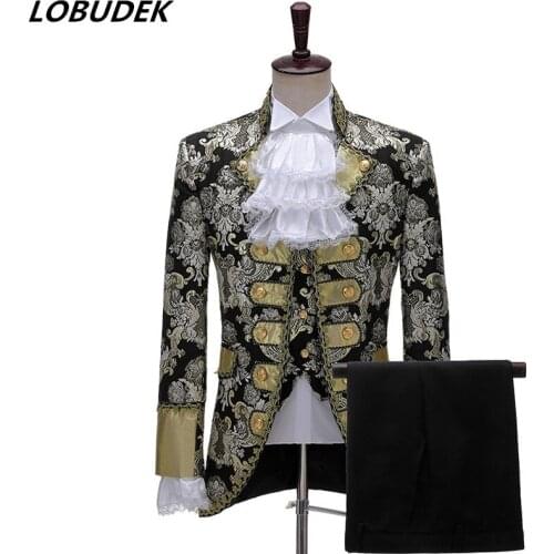 Mens Court Tuxedo Suit Occident Vintage Wedding Blazers+Pants Suits Stage Singer Chorus Performance 3-piece Set Drama Costume