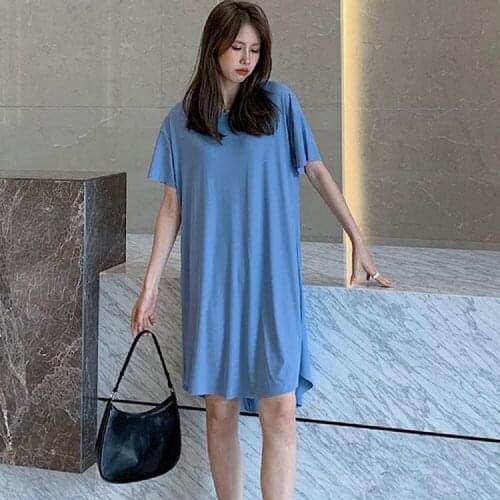 Lazy Ice Silk Nightgown Summer Pyjamas Women Breathable Large Jupe Longue Femme Short Sleeve Knee Length Solid Sleeping Dress