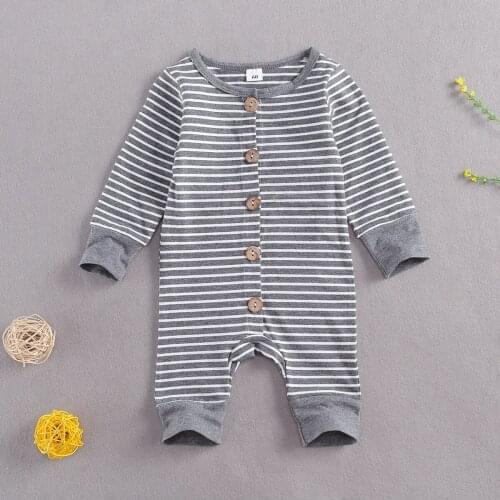 New Baby Striped Romper, Infant Long Sleeve O-neck Jumpsuit, Toddler Kids Button-up Outfit for Spring, Fall