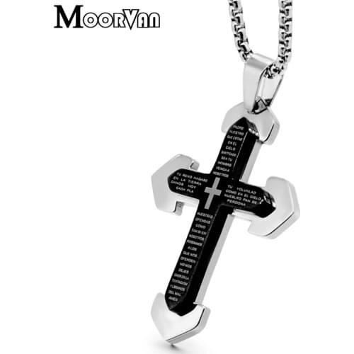 Moorvan Jesus Cross Pendant Necklace Stainless Steel Men New Jewelry Cross Bible Necklace Pendant Church Prayer Ornaments VP347