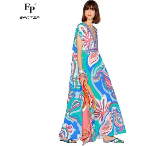 EFATZP New Middle East Loose Large V-collar Fashion Printed Elastic Knitted Banquet Leisure Dress