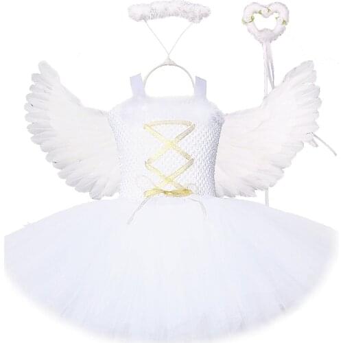 White Angel Christmas Dress Girls Princess Fairy Dresses with Wings Cosplay Costume Girl Kids Tutus Outfit for Birthday Party