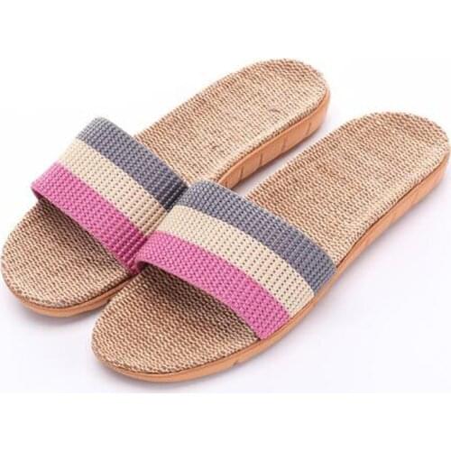 Womens Red Striped Linen Flip Flops Indoor EVA Breathable Home Flax Slippers Girls Pink Flat Sandals Women Slides Beach Shoes